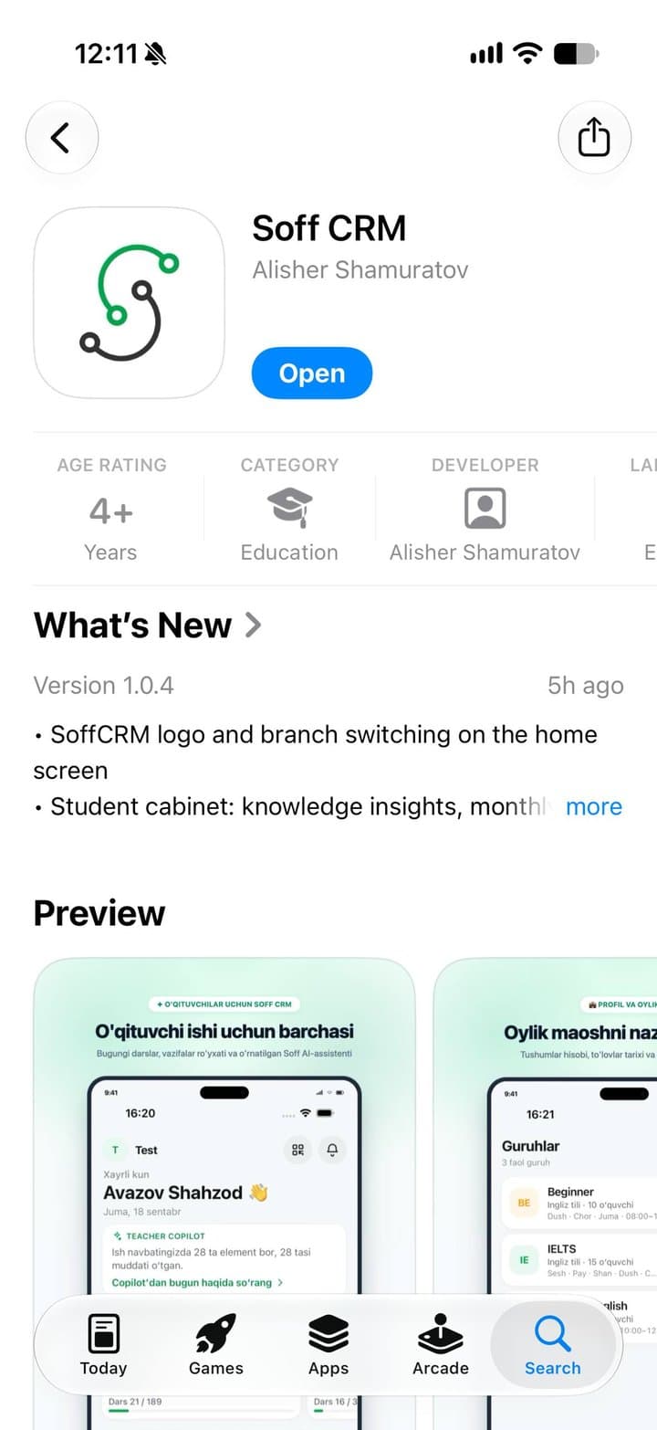 App Store'dagi Soff CRM sahifasi