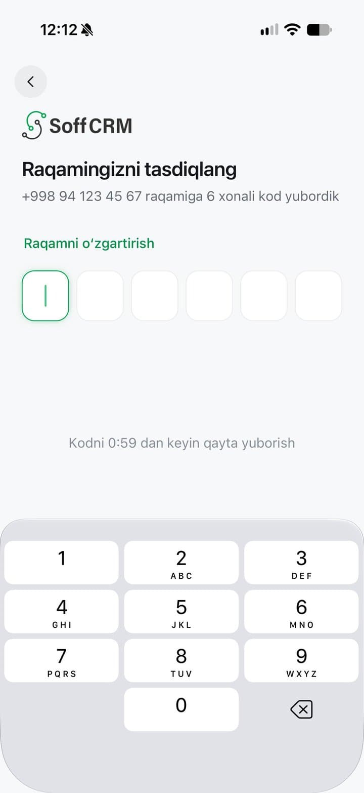 Raqamingizni tasdiqlang: 6 xonali SMS kod